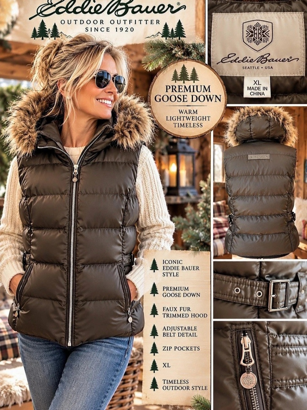 Vintage Eddie Bauer Goose Down Hooded Vest Brown Fit & Flare XL Like New